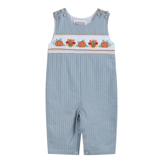 Light Blue Pinstripe Turkey Smocked Overalls - Persnickety Shop