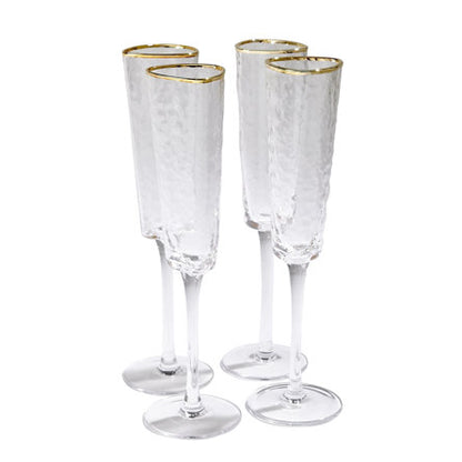 ZODAX CLEAR KAMPARI TRIANGULAR CHAMPAGNE FLUTES WITH GOLD RIM, SET OF 4