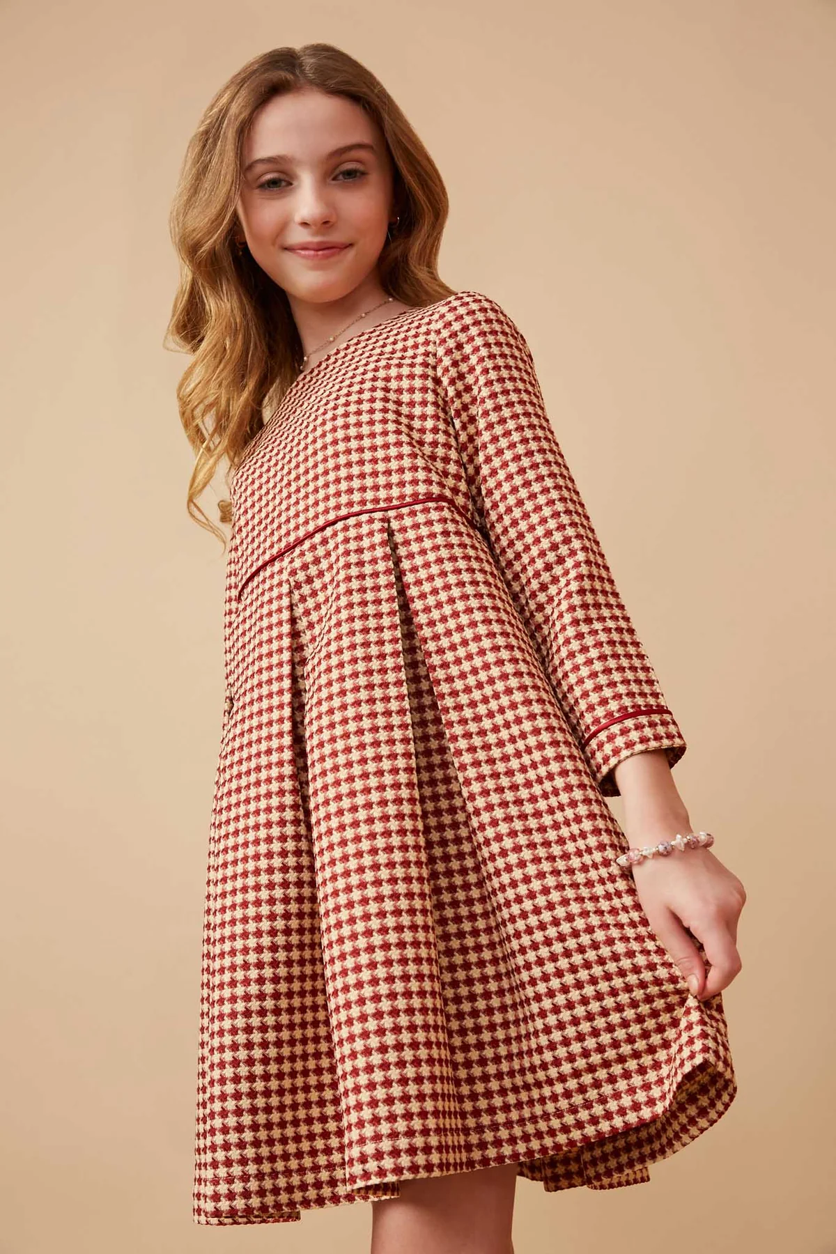 Hayden Piping Detailed Burgundy Houndstooth Box Pleat Dress – Tween Girls - Persnickety Shop
