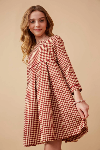 Hayden Piping Detailed Burgundy Houndstooth Box Pleat Dress – Tween Girls - Persnickety Shop