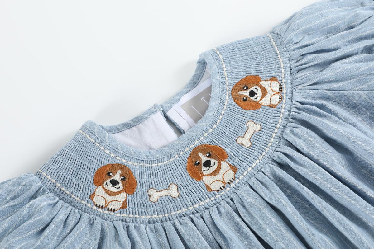 Lil Cactus *Pre-Order* Light Blue Puppy Smocked Bishop Dress