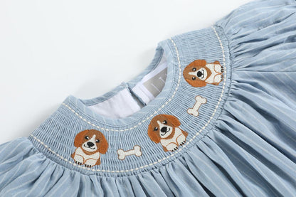 Lil Cactus *Pre-Order* Light Blue Puppy Smocked Bishop Dress