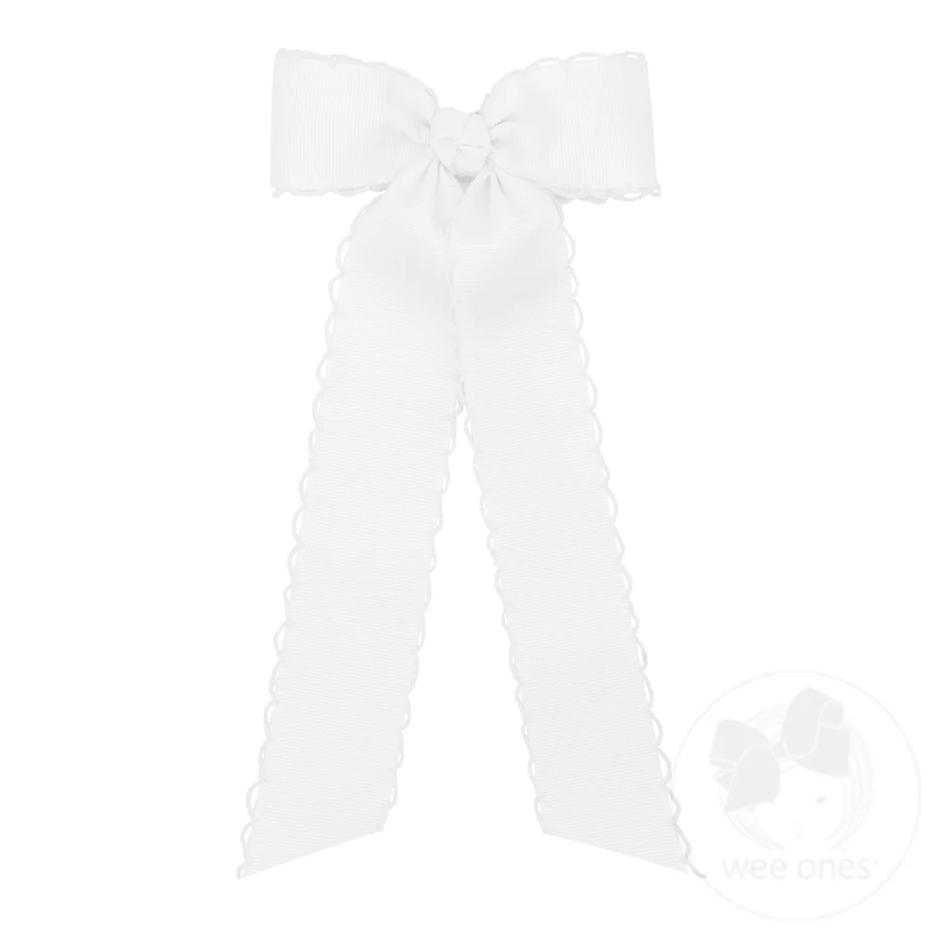 Medium Grosgrain WHITE Bowtie with Matching Moonstitch Edge, Knot Wrap and Streamer Tails - Persnickety Shop