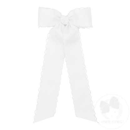 Medium Grosgrain WHITE Bowtie with Matching Moonstitch Edge, Knot Wrap and Streamer Tails - Persnickety Shop