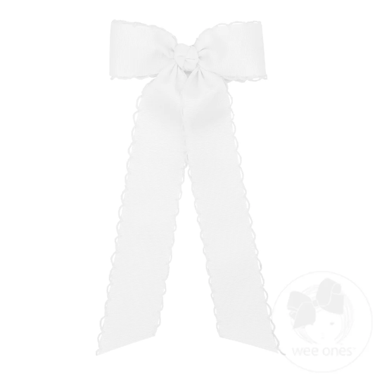 Medium Grosgrain WHITE Bowtie with Matching Moonstitch Edge, Knot Wrap and Streamer Tails - Persnickety Shop