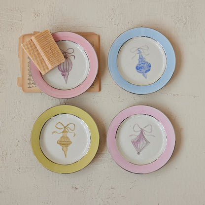 Christmas Trinket Dish -Stoneware Plate with Ornament Image & Electroplated Edges, 4 Styles