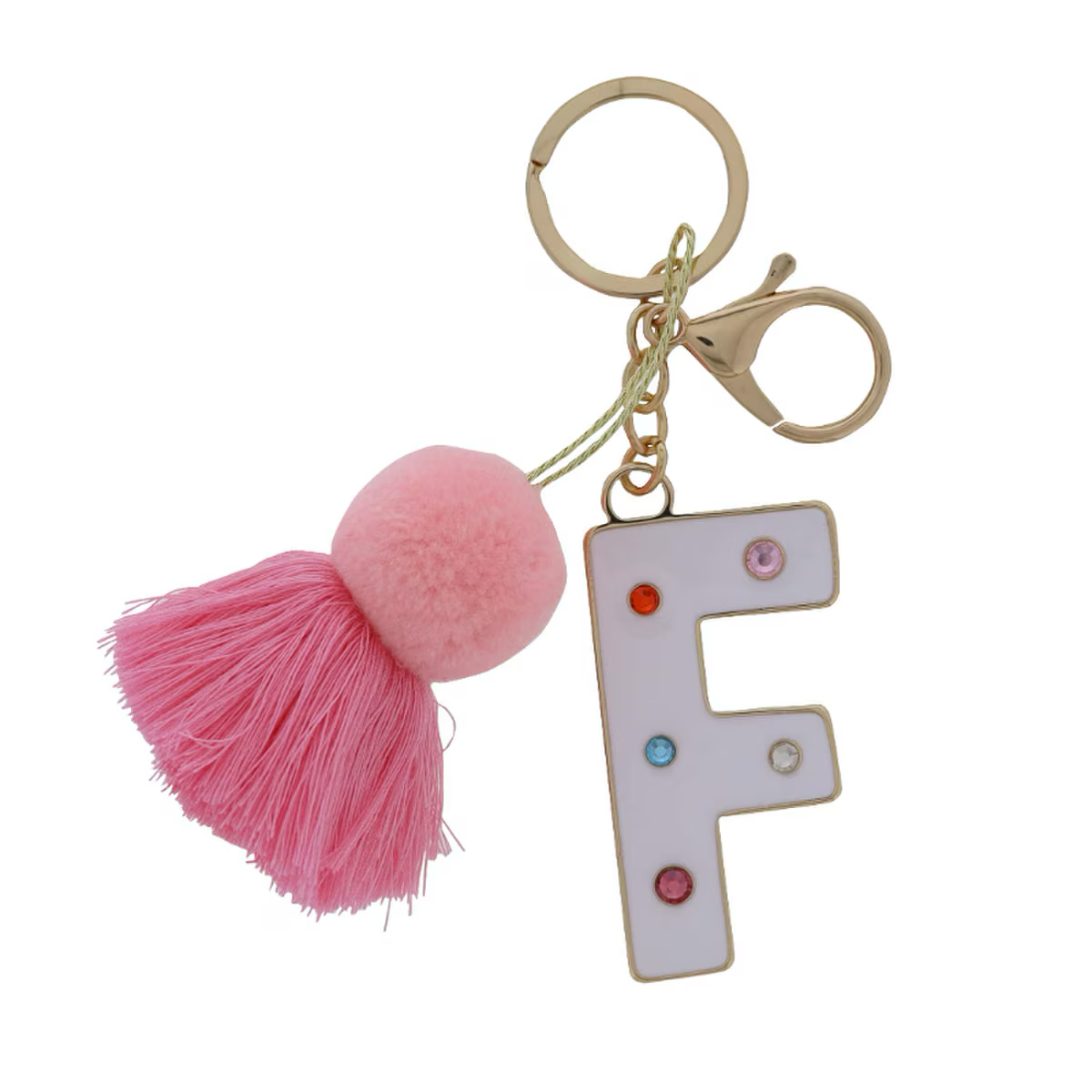 WHITE ENAMEL LETTER WITH MULTI CRYSTALS & POM TASSEL KEYCHAIN - Persnickety Shop