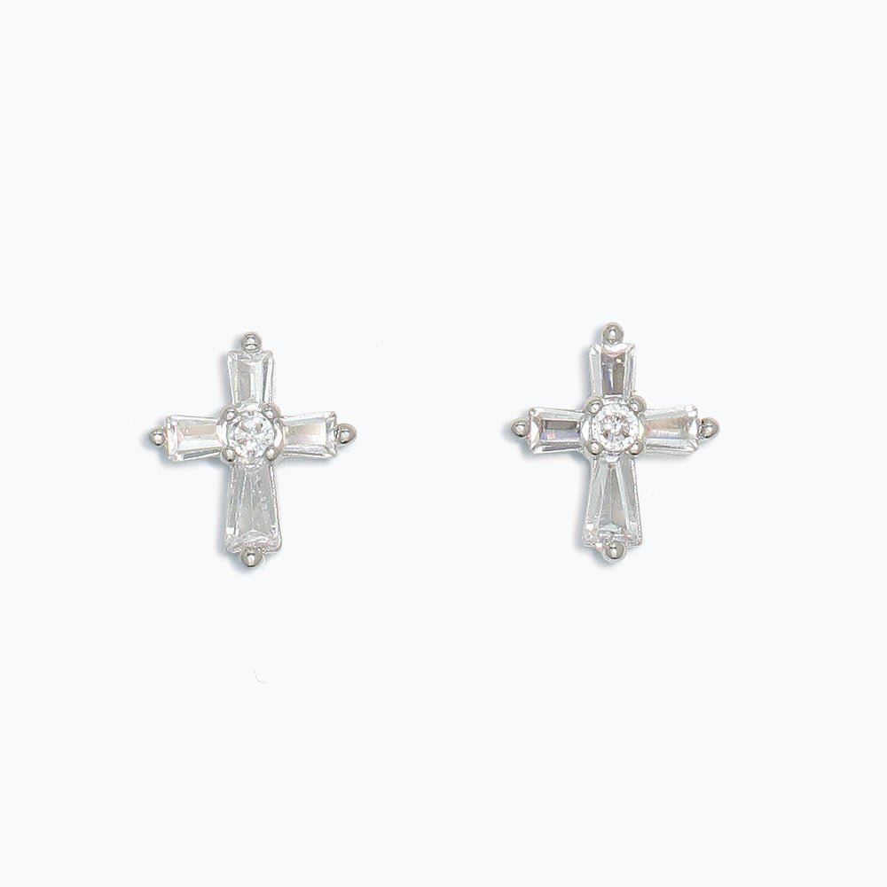 Earrings-Delicate CZ Crosses Silver