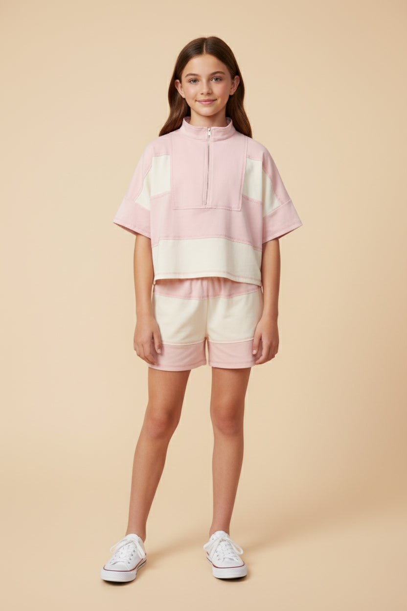 Girls Color block Stripe Half Zip Knit SET (Top and Shorts) - Persnickety Shop