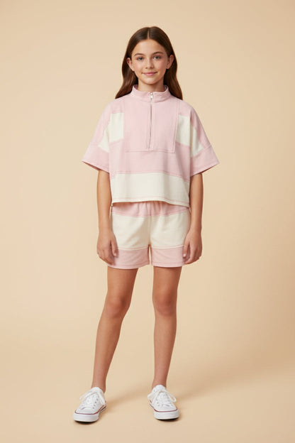Girls Color block Stripe Half Zip Knit SET (Top and Shorts) - Persnickety Shop