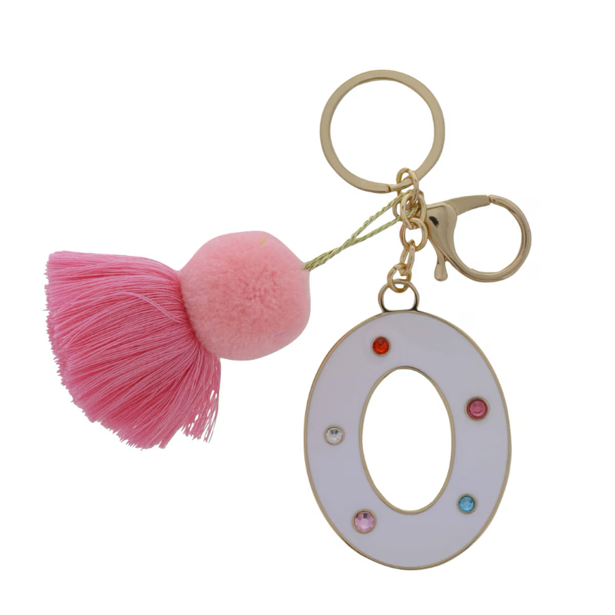WHITE ENAMEL LETTER WITH MULTI CRYSTALS & POM TASSEL KEYCHAIN - Persnickety Shop
