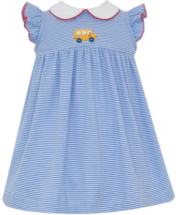 Petit Bebe Flutter-sleeve Collared Dress with applique - School Bus