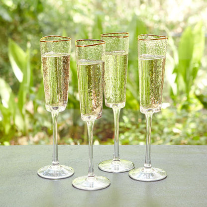 ZODAX CLEAR KAMPARI TRIANGULAR CHAMPAGNE FLUTES WITH GOLD RIM, SET OF 4