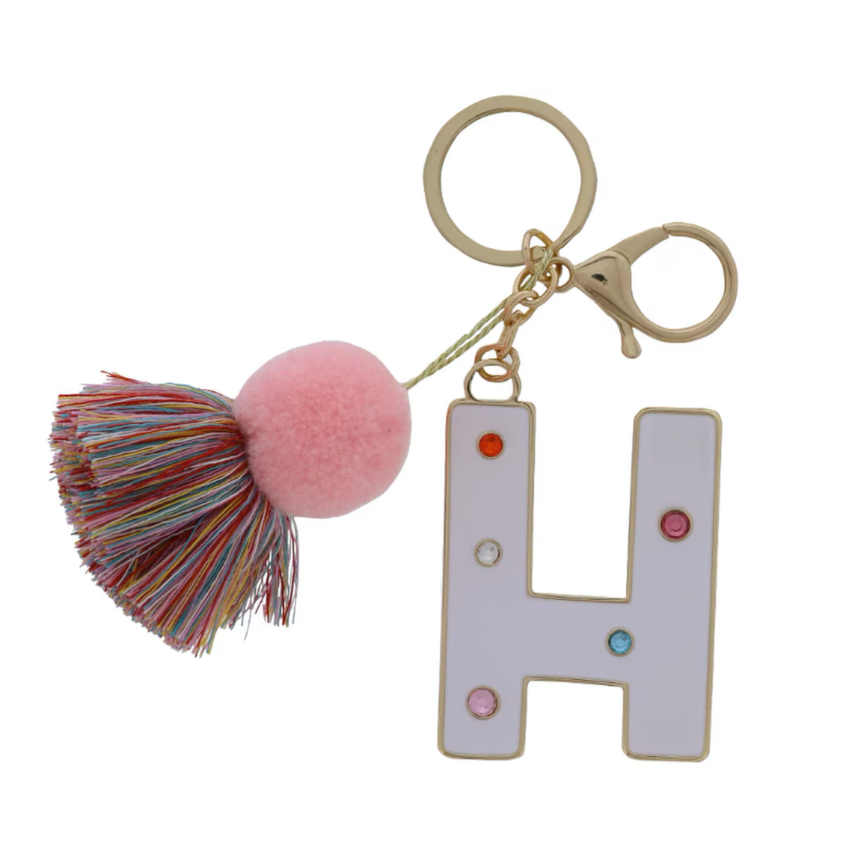 WHITE ENAMEL LETTER WITH MULTI CRYSTALS & POM TASSEL KEYCHAIN - Persnickety Shop