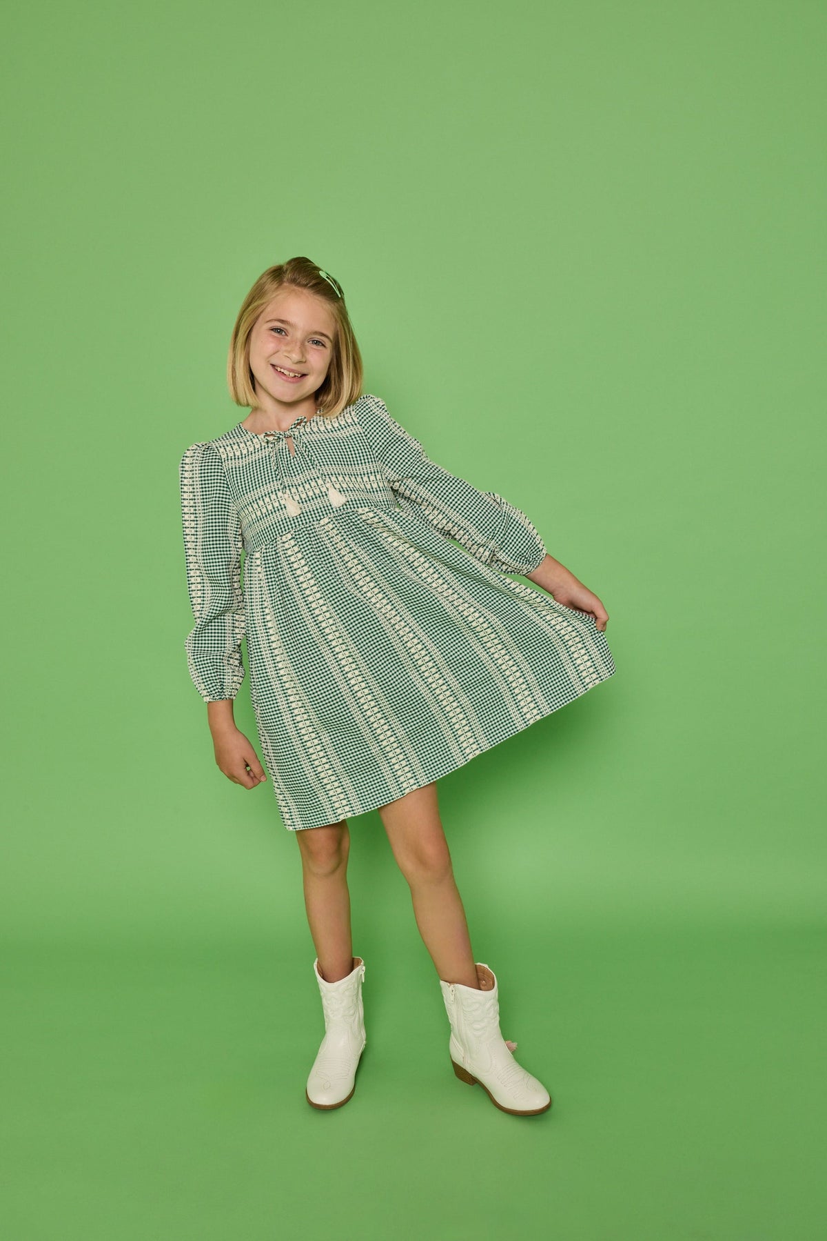 Bisby Long Sleeved Riviera Dress - Geneva Gingham Green