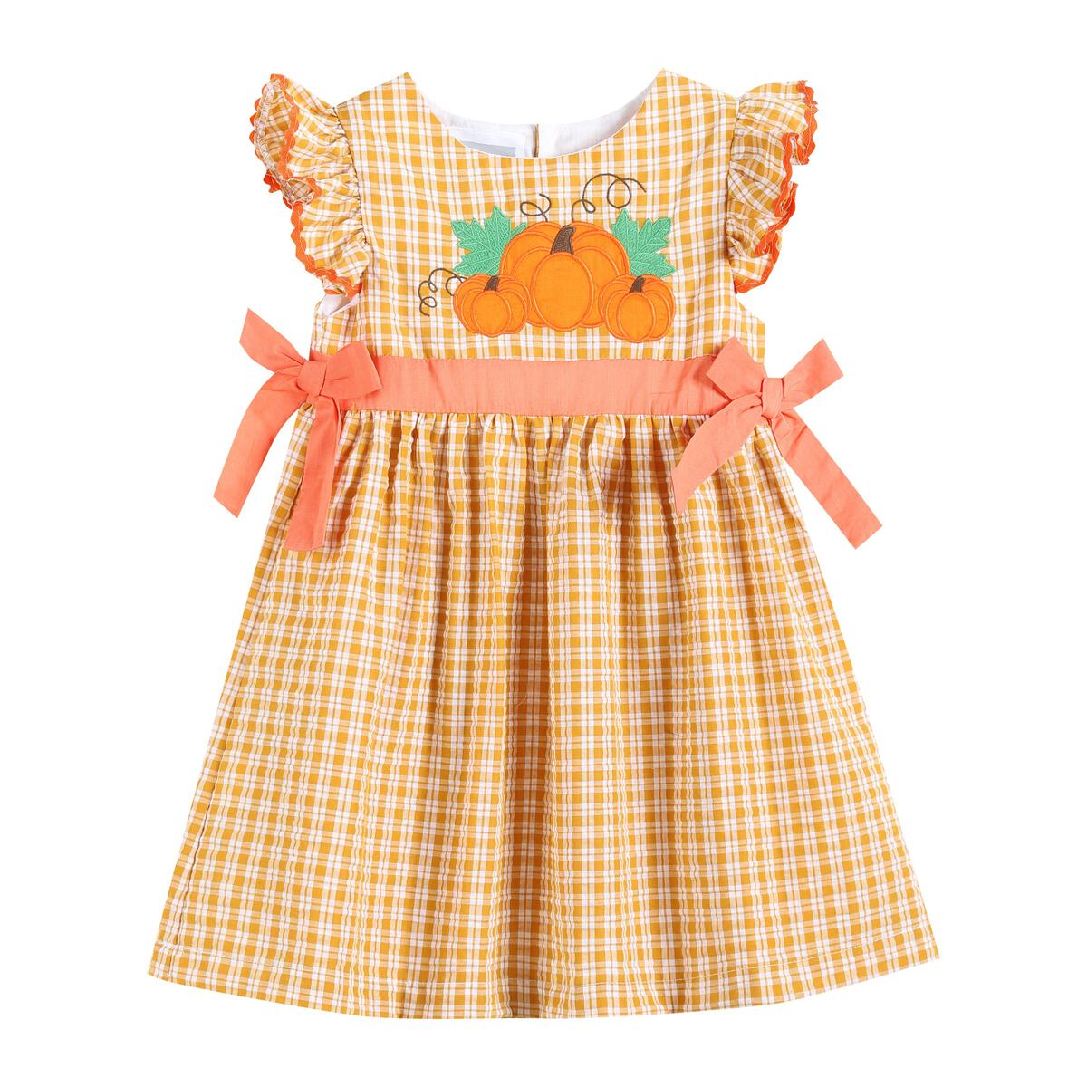 Lil Cactus *Pre-Order* Orange Gingham Ruffle Pumpkin Bow Dress