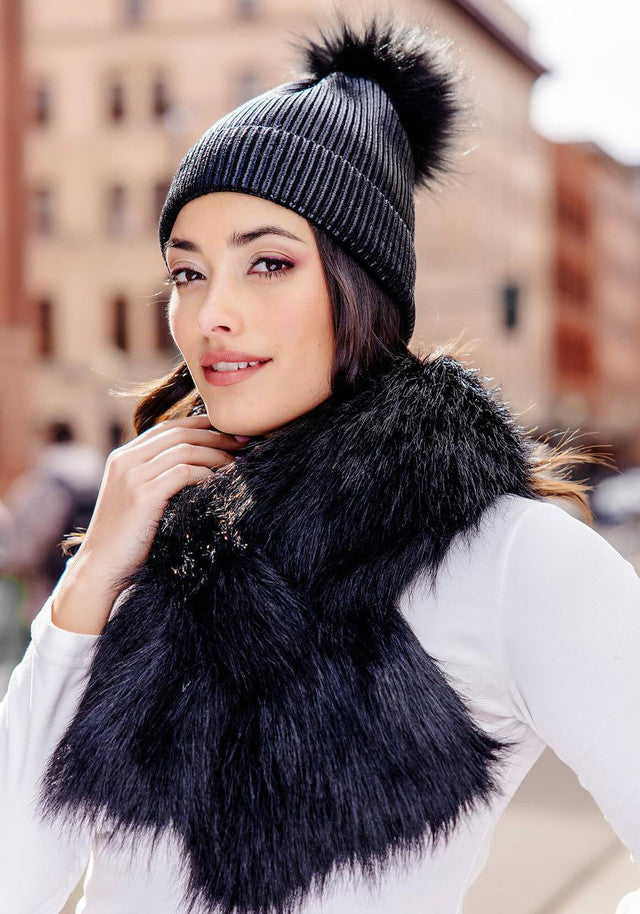 Black Metallic Knit Faux Fur Pom Hat - Persnickety Shop