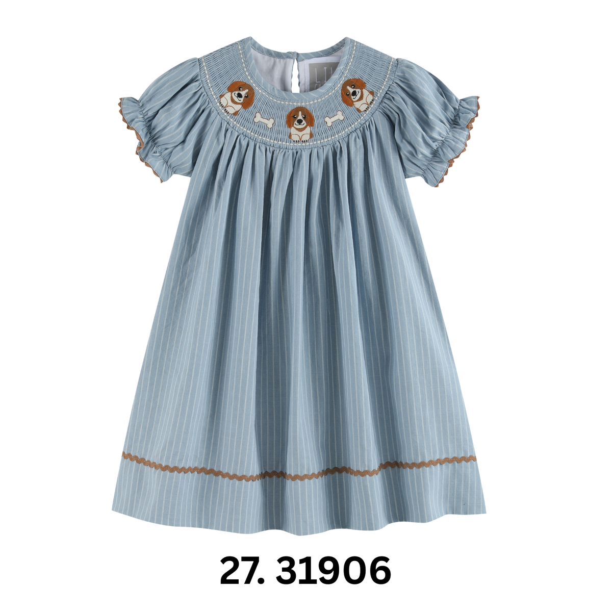 Lil Cactus *Pre-Order* Light Blue Puppy Smocked Bishop Dress
