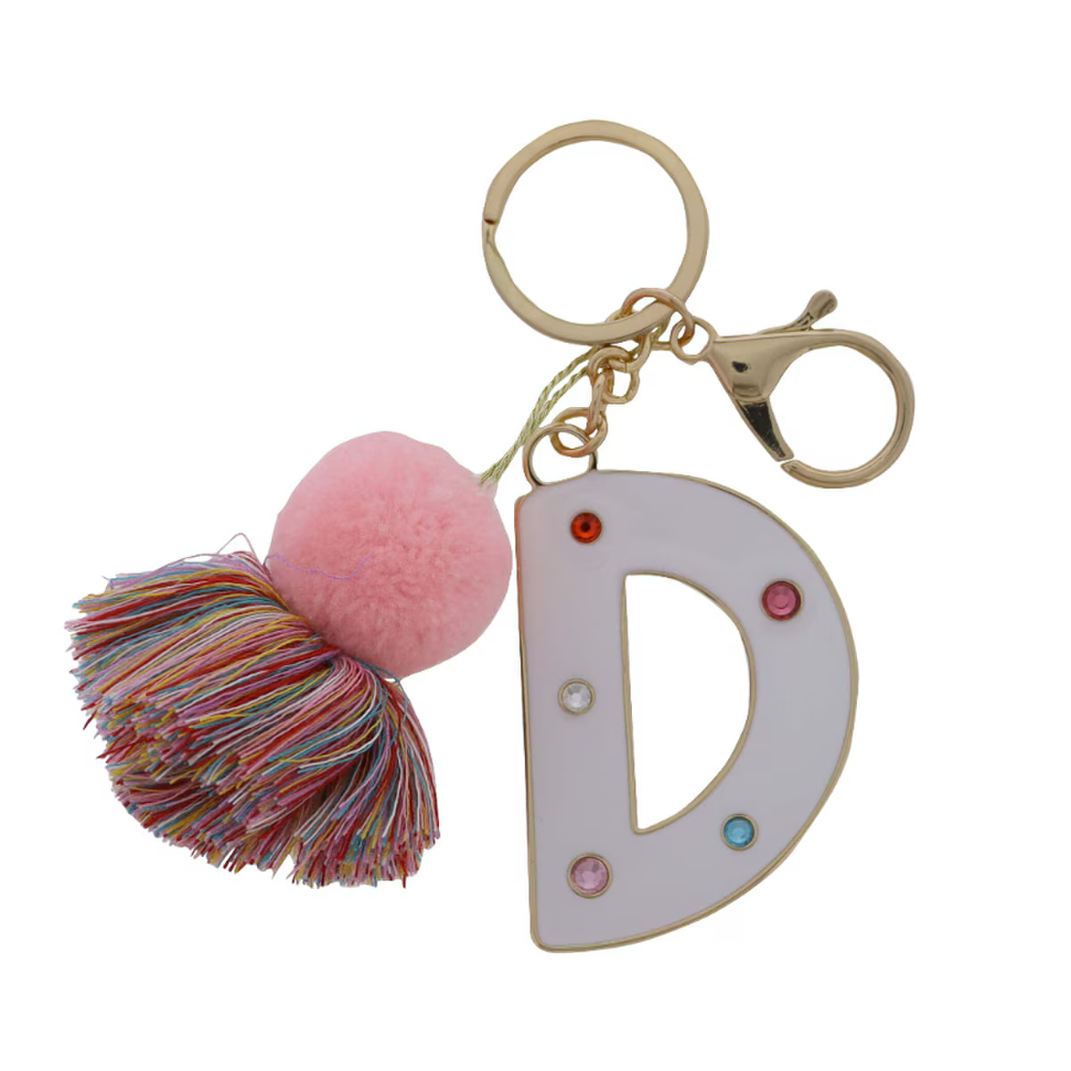 WHITE ENAMEL LETTER WITH MULTI CRYSTALS & POM TASSEL KEYCHAIN - Persnickety Shop