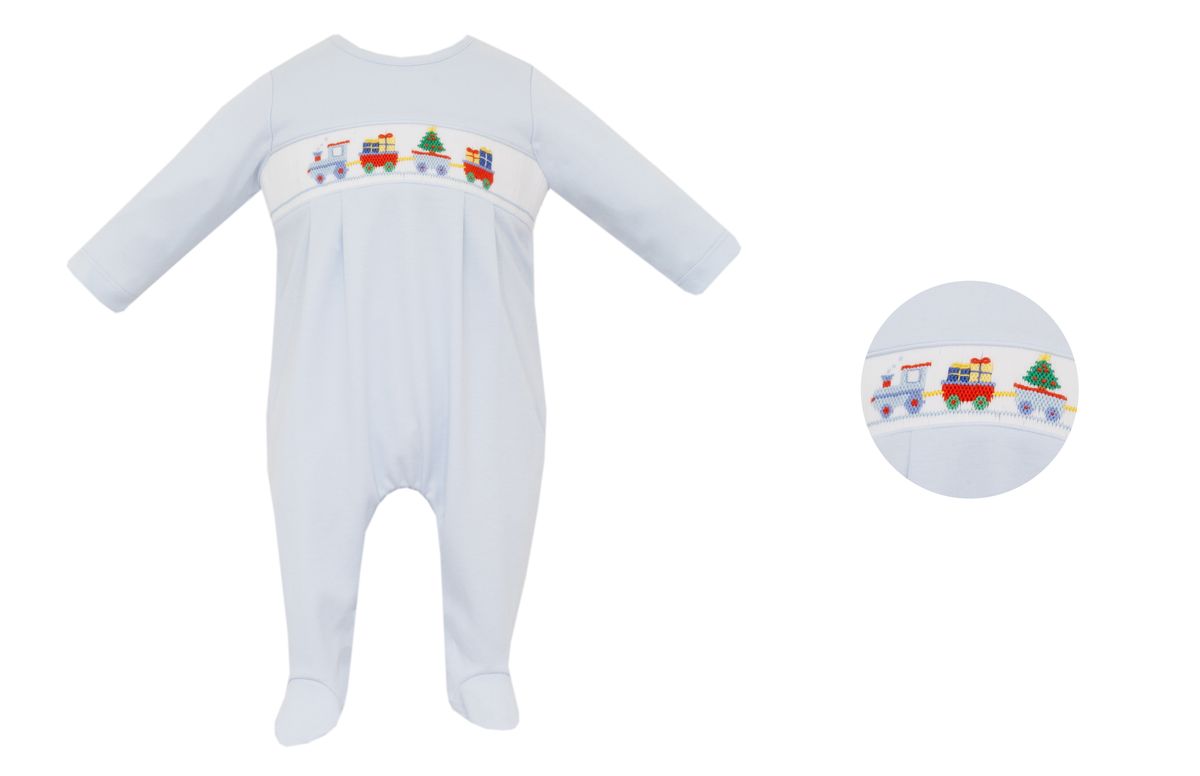 PRE-ORDER CHRISTMAS TRAIN - Lt.blue knit boy´s long footie L/S W/FEET - Persnickety Shop