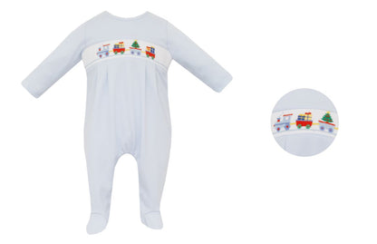 PRE-ORDER CHRISTMAS TRAIN - Lt.blue knit boy´s long footie L/S W/FEET - Persnickety Shop