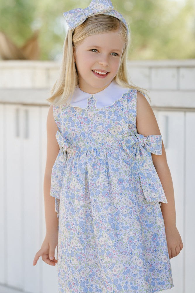 Sal & Pimenta Girls Dress - Blue & Yellow Cupcakes Floral - Scallop Collar & Side Bows - Persnickety Shop