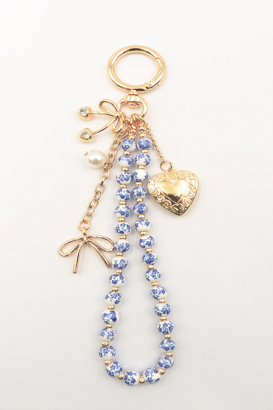 Backpack Charm- Bow, Heart, Cherrys with Blue and White Ceramic Beaded Chain - Persnickety Shop