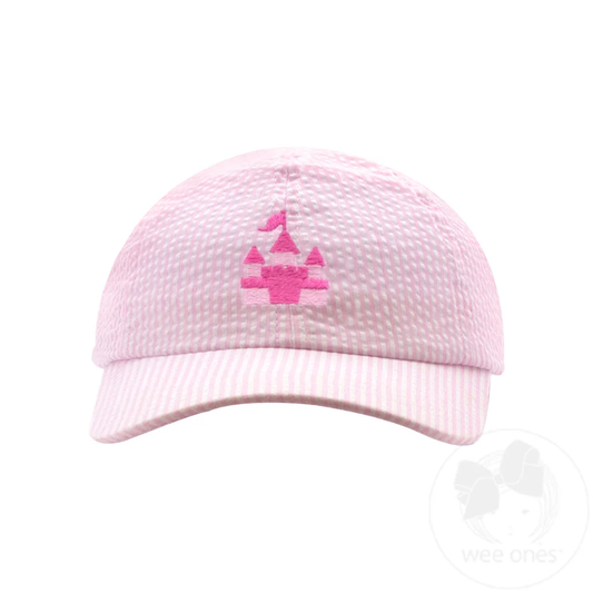 Wee Ones Girls Embroidered Pink Castle Seersucker Ball Cap- KIDS - Persnickety Shop