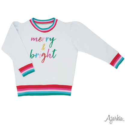 AZARHIA CHRISTMAS HOLLY GLITTER MERRY & BRIGHT SWEATSHIRT - WHITE - Persnickety Shop