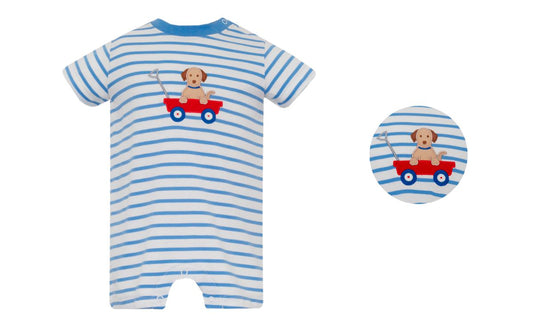 DOG RIDE- Blue and White knit stripe boy's short romper - Persnickety Shop