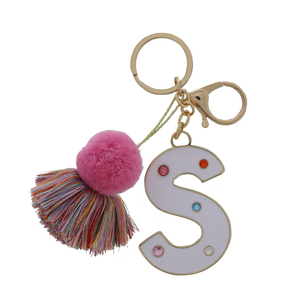 WHITE ENAMEL LETTER WITH MULTI CRYSTALS & POM TASSEL KEYCHAIN - Persnickety Shop