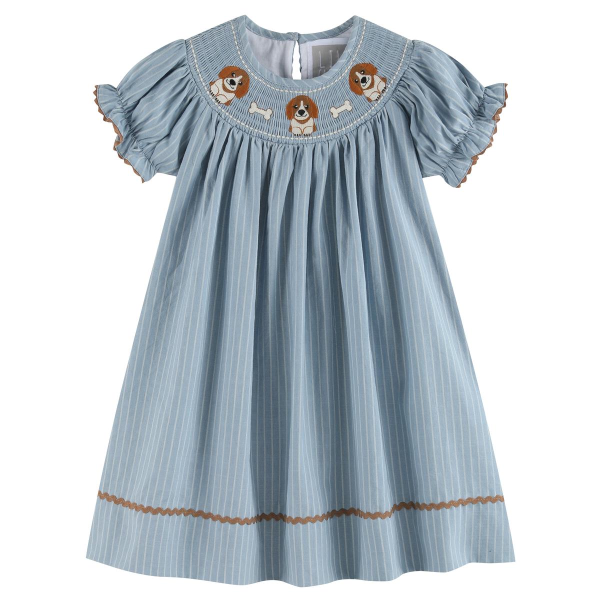 Lil Cactus *Pre-Order* Light Blue Puppy Smocked Bishop Dress