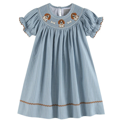 Lil Cactus *Pre-Order* Light Blue Puppy Smocked Bishop Dress