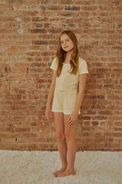 Reese Pastel Yellow With Yellow Lace Heart Pointelle Baby Tee - Persnickety Shop