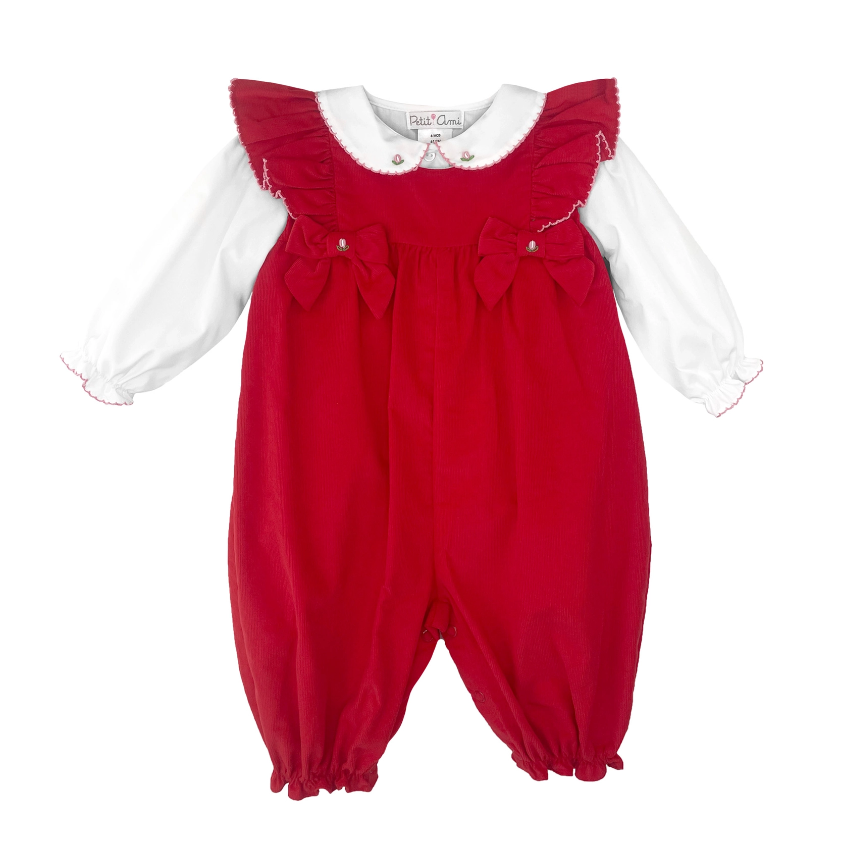 Petit Ami Red Christmas Longall with Bows & Ruffles – Baby Girls Outfit - Persnickety Shop