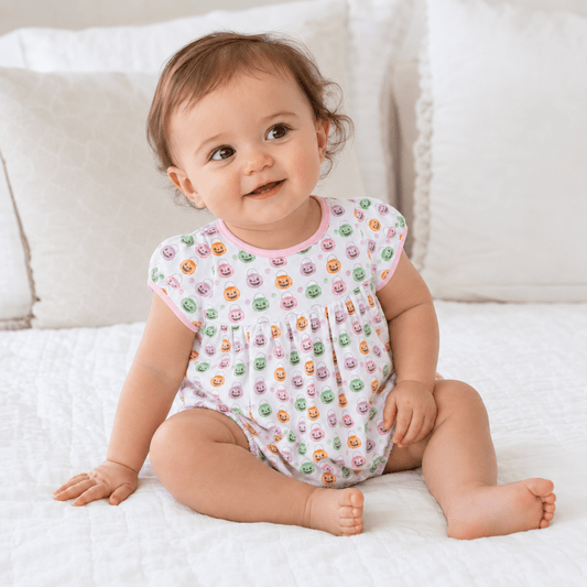 Magnolia Baby Girls Pink Pumpkin Party Print Short Sleeve Bubble Pink