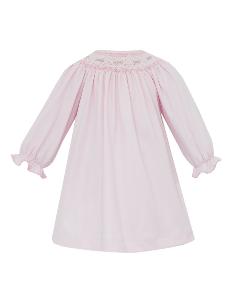 ROSE Pink Knit Bishop Long Sleeve- Smocked Pink Rosettes - Persnickety Shop