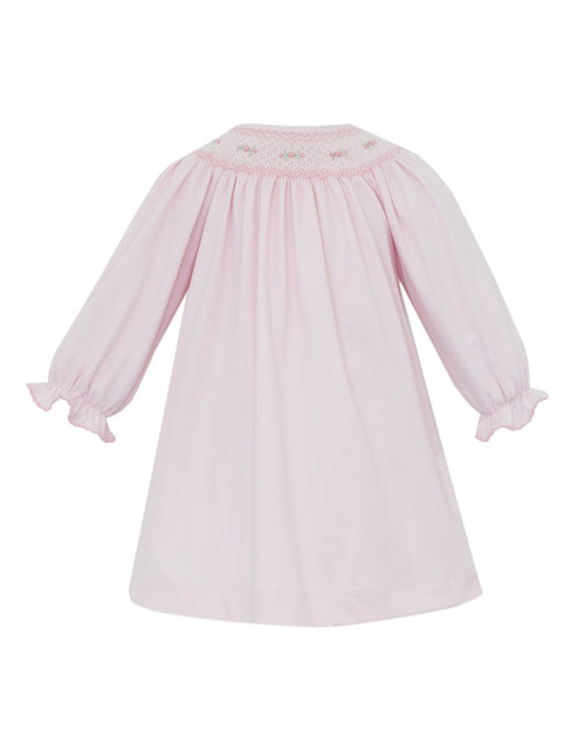 ROSE Pink Knit Bishop Long Sleeve- Smocked Pink Rosettes - Persnickety Shop