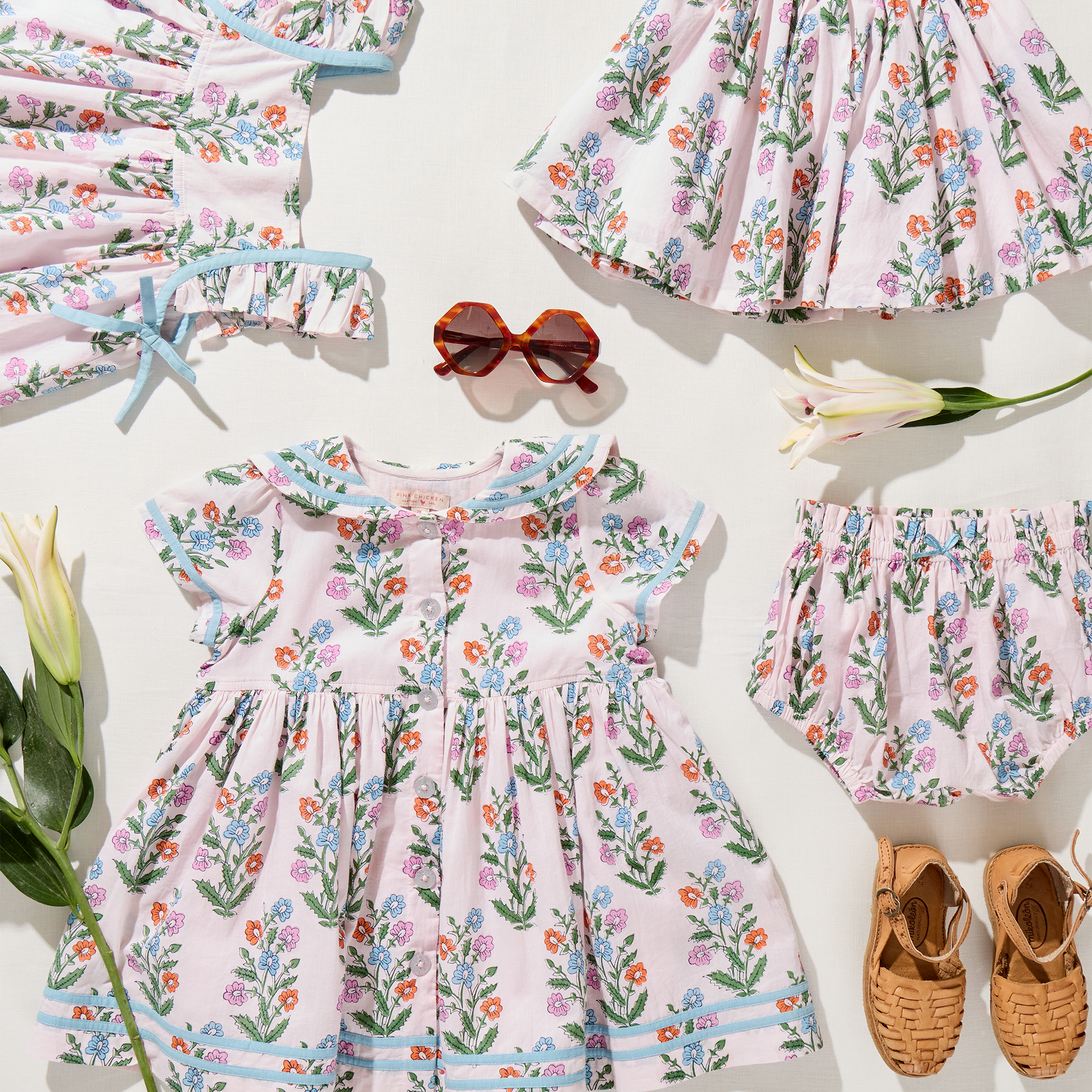 Pink Chicken - Baby Girls Ailee Dress Set -Pink Dewdrop Block Print Spring - Persnickety Shop