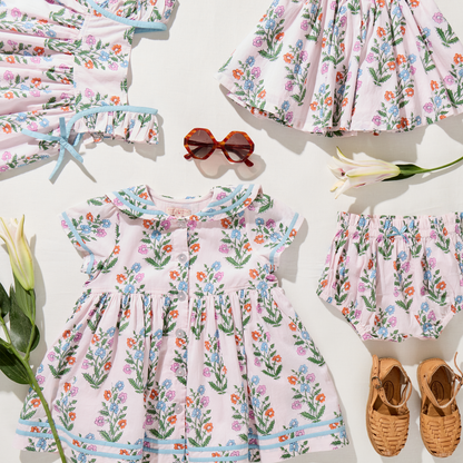 Pink Chicken - Baby Girls Ailee Dress Set -Pink Dewdrop Block Print Spring - Persnickety Shop