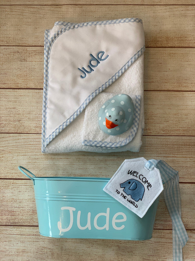 3 Marthas Small Blue Check Stripe Hooded Towel and Washcloth Set