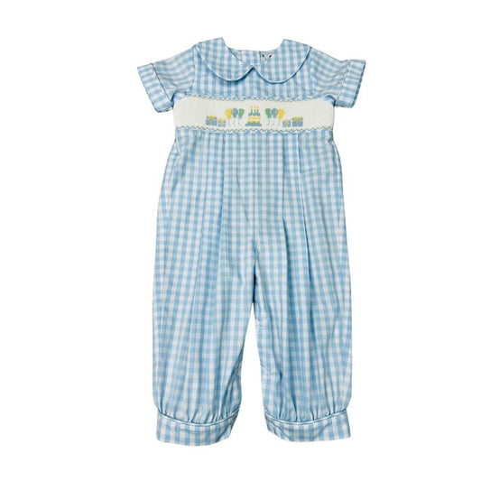 BOYS BLUE CHECK SMOCKED BIRTHDAY CAKE & BALLOONS LONG ROMPER by Delaney - Persnickety Shop