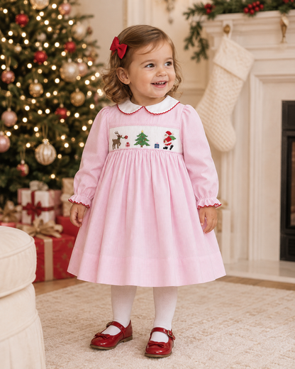 Petit Ami Girls Hand Smocked Christmas Dress - Pink