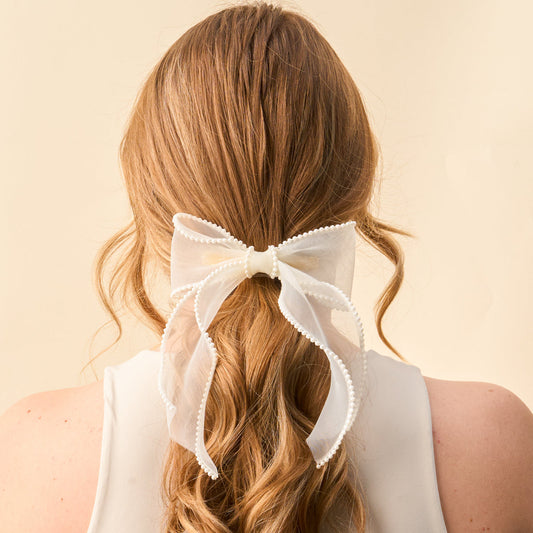 Cream Sheer Pearl Hair Bow - Persnickety Shop