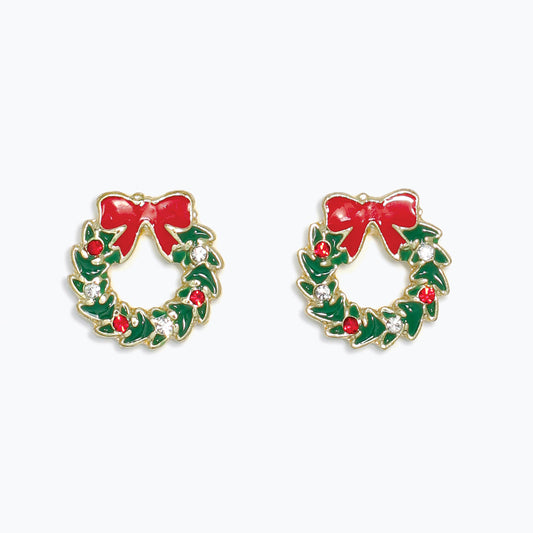 Earrings-Enameled Wreaths w Crystal