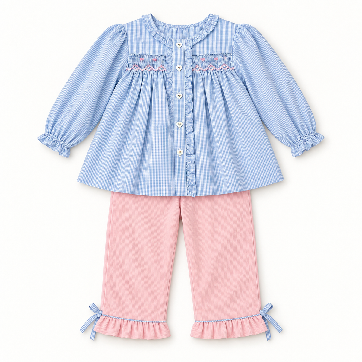 PETIT AMI TOP & PANT SET WITH FLORAL BISHOP SMOCKING