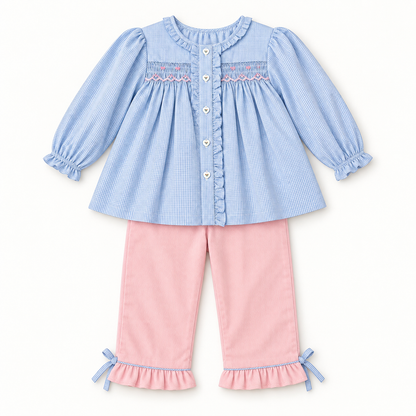 PETIT AMI TOP & PANT SET WITH FLORAL BISHOP SMOCKING
