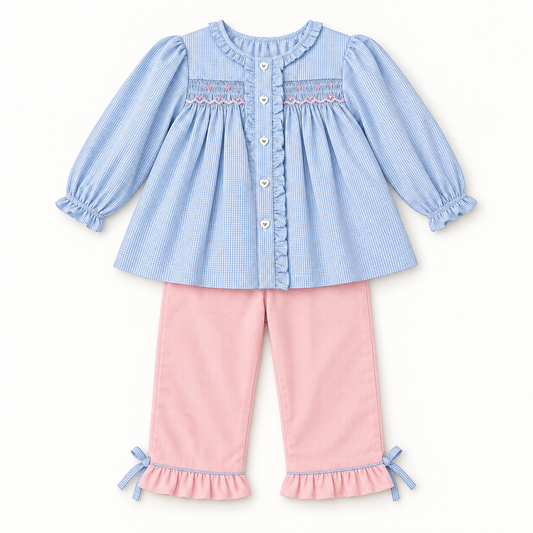 PETIT AMI TOP & PANT SET WITH FLORAL BISHOP SMOCKING