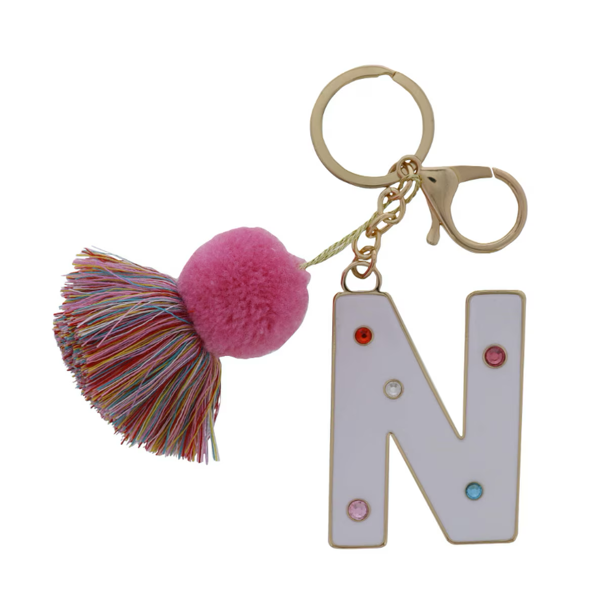 WHITE ENAMEL LETTER WITH MULTI CRYSTALS & POM TASSEL KEYCHAIN - Persnickety Shop
