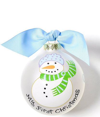 Coton Colors My First Christmas Snowman Boy Glass Ornament with Swirl Stand Set